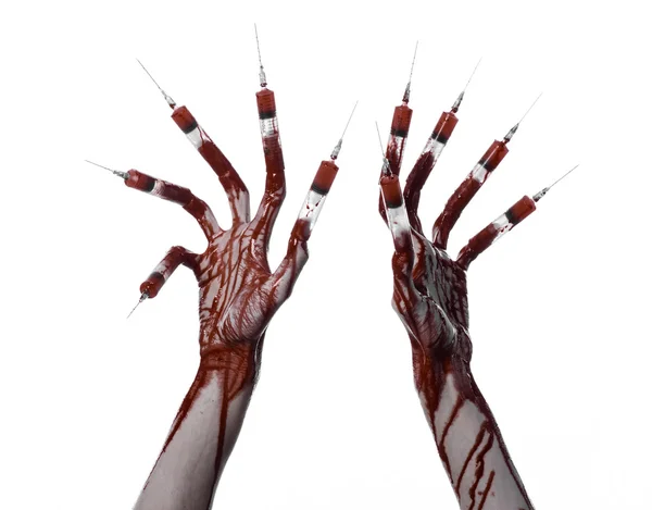 Bloody hand with syringe on the fingers, toes syringes, hand syringes, horrible bloody hand, halloween theme, zombie doctor, white background, isolated — Stock Photo, Image