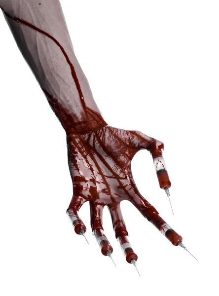 Bloedige hand met spuit op de vingers, tenen spuiten, hand spuiten, verschrikkelijk bloedige hand, halloween thema, zombie arts, witte achtergrond, geïsoleerd — Stockfoto