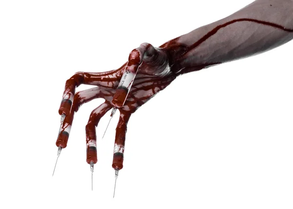 Bloody hand with syringe on the fingers, toes syringes, hand syringes, horrible bloody hand, halloween theme, zombie doctor, white background, isolated — Stock Photo, Image