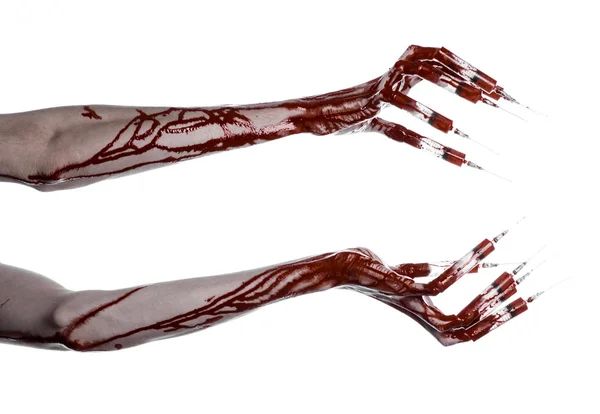 Bloody hand with syringe on the fingers, toes syringes, hand syringes, horrible bloody hand, halloween theme, zombie doctor, white background, isolated — Stock Photo, Image