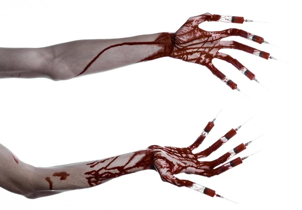 Bloody hand with syringe on the fingers, toes syringes, hand syringes, horrible bloody hand, halloween theme, zombie doctor, white background, isolated — Stock Photo, Image