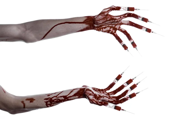 Bloody hand with syringe on the fingers, toes syringes, hand syringes, horrible bloody hand, halloween theme, zombie doctor, white background, isolated — Stock Photo, Image