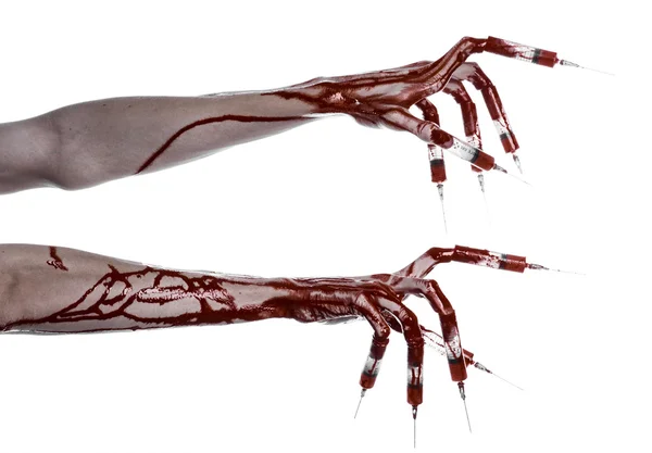 Bloody hand with syringe on the fingers, toes syringes, hand syringes, horrible bloody hand, halloween theme, zombie doctor, white background, isolated — Stock Photo, Image