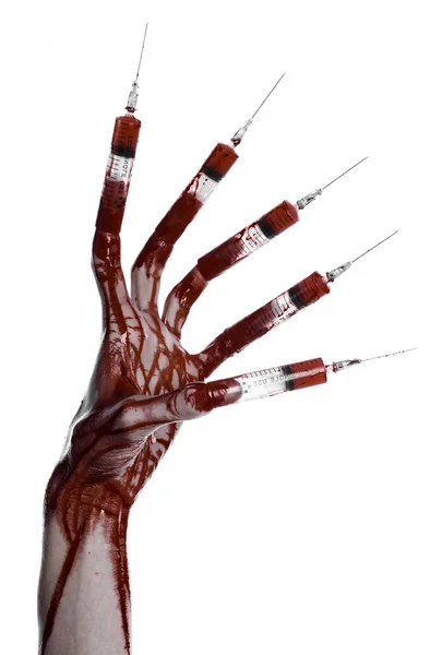 Bloody hand with syringe on the fingers, toes syringes, hand syringes, horrible bloody hand, halloween theme, zombie doctor, white background, isolated — Stock Photo, Image