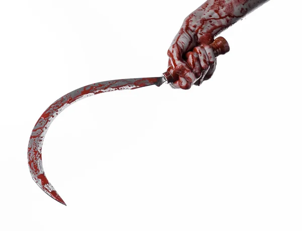 Bloody hand holding a sickle, sickle bloody, bloody scythe, bloody theme, halloween theme, white background, isolated, killer, psycho, thug, a bloody knife, bloody hands of zombies, cutthroat — Stock Photo, Image