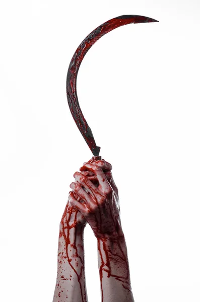 Bloody hand holding a sickle, sickle bloody, bloody scythe, bloody theme, halloween theme, white background, isolated, killer, psycho, thug, a bloody knife, bloody hands of zombies, cutthroat — Stock Photo, Image