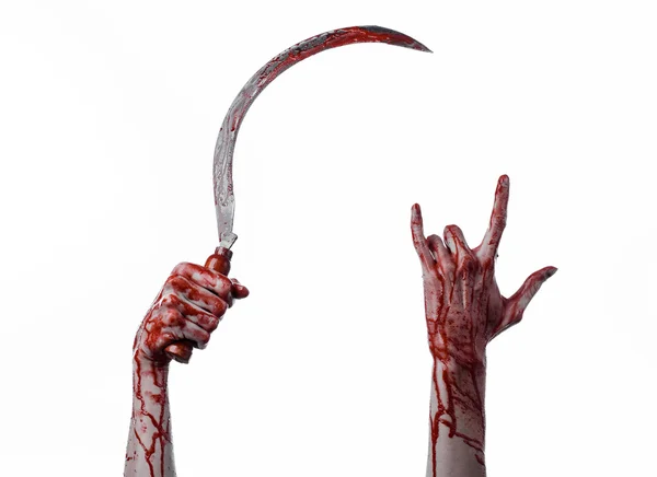 Bloody hand holding a sickle, sickle bloody, bloody scythe, bloody theme, halloween theme, white background, isolated, killer, psycho, thug, a bloody knife, bloody hands of zombies, cutthroat — Stock Photo, Image