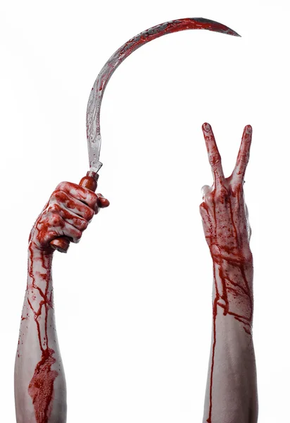 Bloody hand holding a sickle, sickle bloody, bloody scythe, bloody theme, halloween theme, white background, isolated, killer, psycho, thug, a bloody knife, bloody hands of zombies, cutthroat — Stock Photo, Image