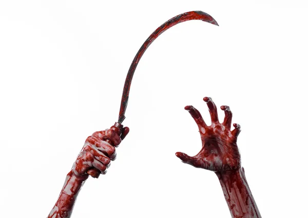 Bloody hand holding a sickle, sickle bloody, bloody scythe, bloody theme, halloween theme, white background, isolated, killer, psycho, thug, a bloody knife, bloody hands of zombies, cutthroat — Stock Photo, Image