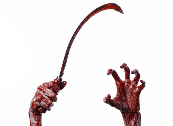 Bloody hand holding a sickle, sickle bloody, bloody scythe, bloody theme, halloween theme, white background, isolated, killer, psycho, thug, a bloody knife, bloody hands of zombies, cutthroat — Stock Photo, Image
