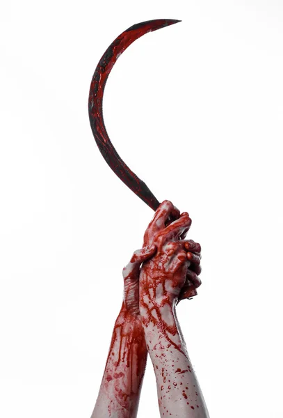 Bloody hand holding a sickle, sickle bloody, bloody scythe, bloody theme, halloween theme, white background, isolated, killer, psycho, thug, a bloody knife, bloody hands of zombies, cutthroat — Stock Photo, Image