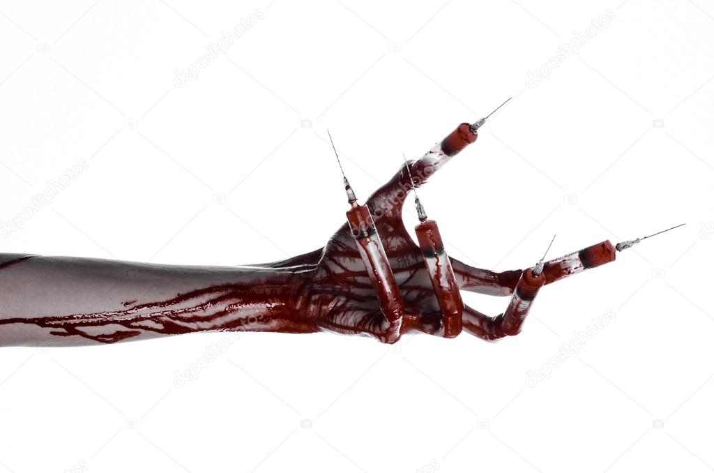 Bloody hand with syringe on the fingers, toes syringes, hand syringes, horrible bloody hand, halloween theme, zombie doctor, white background, isolated