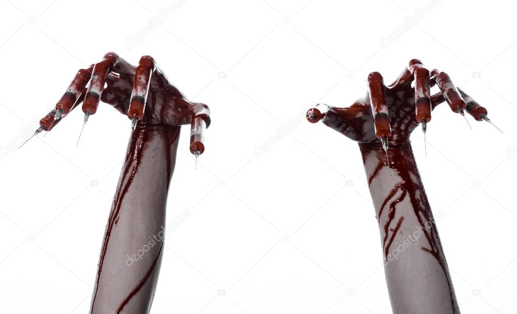 Bloody hand with syringe on the fingers, toes syringes, hand syringes, horrible bloody hand, halloween theme, zombie doctor, white background, isolated