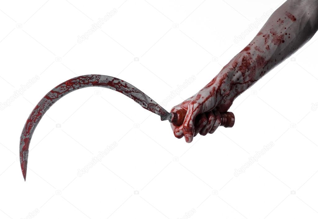 bloody hand holding a sickle, sickle bloody, bloody scythe, bloody theme, halloween theme, white background, isolated, killer, psycho, thug, a bloody knife, bloody hands of zombies, cutthroat