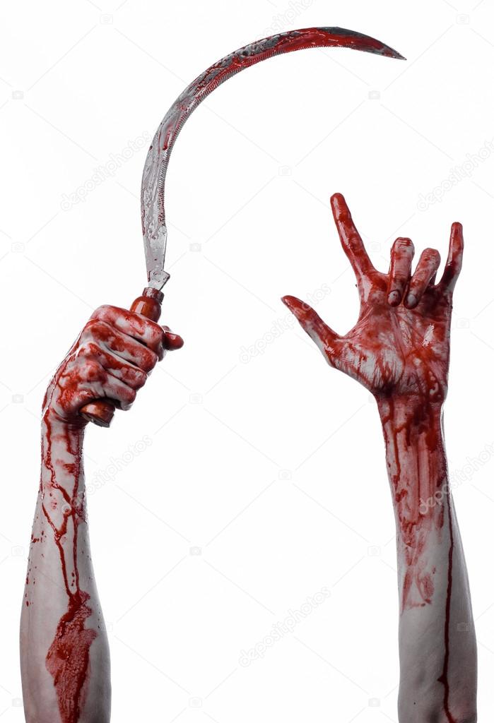 bloody hand holding a sickle, sickle bloody, bloody scythe, bloody theme, halloween theme, white background, isolated, killer, psycho, thug, a bloody knife, bloody hands of zombies, cutthroat