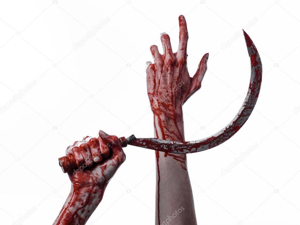 bloody hand holding a sickle, sickle bloody, bloody scythe, bloody theme, halloween theme, white background, isolated, killer, psycho, thug, a bloody knife, bloody hands of zombies, cutthroat