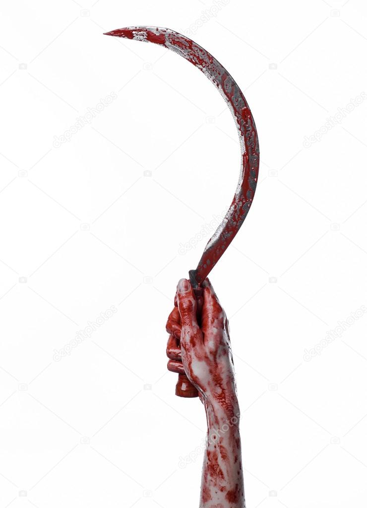 bloody hand holding a sickle, sickle bloody, bloody scythe, bloody theme, halloween theme, white background, isolated, killer, psycho, thug, a bloody knife, bloody hands of zombies, cutthroat