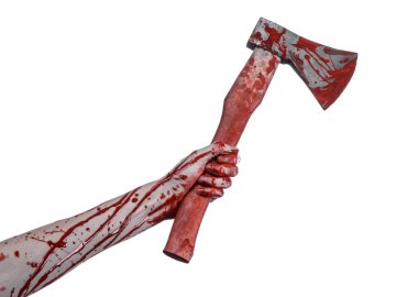 Kanlı Halloween Tema: Studio beyaz arka plan üzerinde izole bir lanet Kasap'ın balta tutan kanlı el