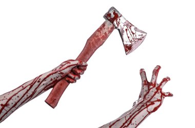 Kanlı Halloween Tema: Studio beyaz arka plan üzerinde izole bir lanet Kasap'ın balta tutan kanlı el