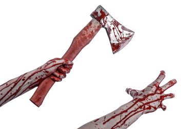 Kanlı Halloween Tema: Studio beyaz arka plan üzerinde izole bir lanet Kasap'ın balta tutan kanlı el