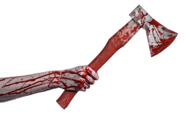 Kanlı Halloween Tema: Studio beyaz arka plan üzerinde izole bir lanet Kasap'ın balta tutan kanlı el