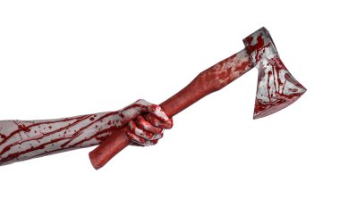 Kanlı Halloween Tema: Studio beyaz arka plan üzerinde izole bir lanet Kasap'ın balta tutan kanlı el