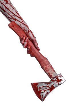 Kanlı Halloween Tema: Studio beyaz arka plan üzerinde izole bir lanet Kasap'ın balta tutan kanlı el