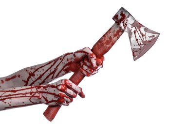 Kanlı Halloween Tema: Studio beyaz arka plan üzerinde izole bir lanet Kasap'ın balta tutan kanlı el