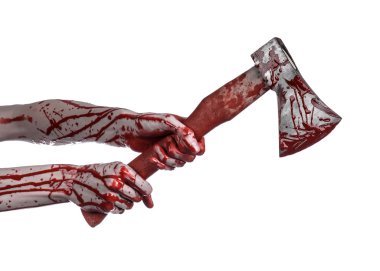 Kanlı Halloween Tema: Studio beyaz arka plan üzerinde izole bir lanet Kasap'ın balta tutan kanlı el