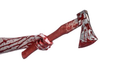 Kanlı Halloween Tema: Studio beyaz arka plan üzerinde izole bir lanet Kasap'ın balta tutan kanlı el