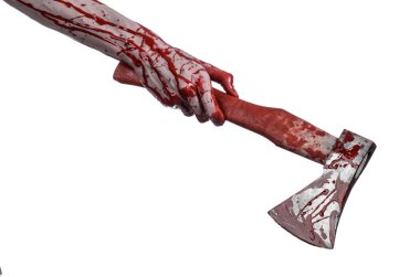 Kanlı Halloween Tema: Studio beyaz arka plan üzerinde izole bir lanet Kasap'ın balta tutan kanlı el