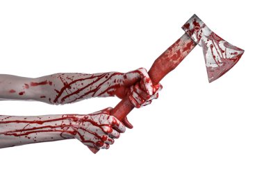 Kanlı Halloween Tema: Studio beyaz arka plan üzerinde izole bir lanet Kasap'ın balta tutan kanlı el