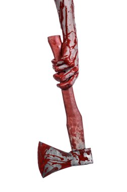 Kanlı Halloween Tema: Studio beyaz arka plan üzerinde izole bir lanet Kasap'ın balta tutan kanlı el