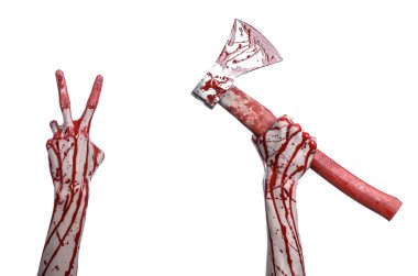 Kanlı Halloween Tema: Studio beyaz arka plan üzerinde izole bir lanet Kasap'ın balta tutan kanlı el