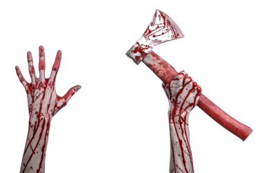 Kanlı Halloween Tema: Studio beyaz arka plan üzerinde izole bir lanet Kasap'ın balta tutan kanlı el