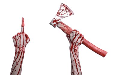Kanlı Halloween Tema: Studio beyaz arka plan üzerinde izole bir lanet Kasap'ın balta tutan kanlı el
