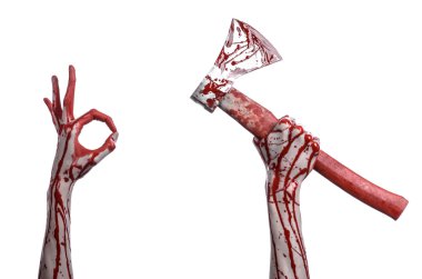 Kanlı Halloween Tema: Studio beyaz arka plan üzerinde izole bir lanet Kasap'ın balta tutan kanlı el