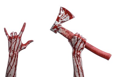 Kanlı Halloween Tema: Studio beyaz arka plan üzerinde izole bir lanet Kasap'ın balta tutan kanlı el