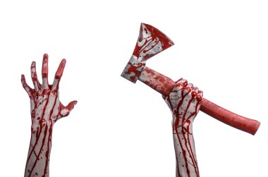 Kanlı Halloween Tema: Studio beyaz arka plan üzerinde izole bir lanet Kasap'ın balta tutan kanlı el