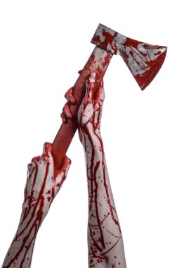 Kanlı Halloween Tema: Studio beyaz arka plan üzerinde izole bir lanet Kasap'ın balta tutan kanlı el