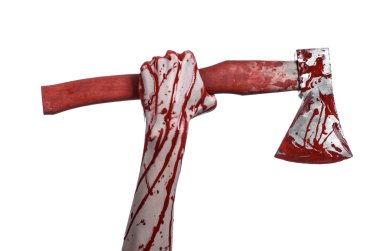 Kanlı Halloween Tema: Studio beyaz arka plan üzerinde izole bir lanet Kasap'ın balta tutan kanlı el