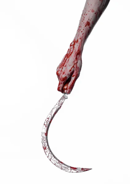 Bloody hand holding a sickle, sickle bloody, bloody scythe, bloody theme, halloween theme, white background, isolated, killer, psycho, thug, a bloody knife, bloody hands of zombies, cutthroat — Stock Photo, Image