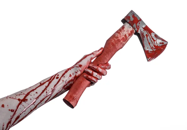 Bloody Halloween theme: bloody hand holding a bloody butcher's ax isolated on white background in studio — Stock Photo, Image