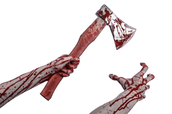 Bloody Halloween theme: bloody hand holding a bloody butcher's ax isolated on white background in studio — Stock Photo, Image