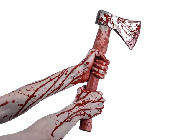 Bloody Halloween theme: bloody hand holding a bloody butcher's ax isolated on white background in studio — Stock Photo, Image