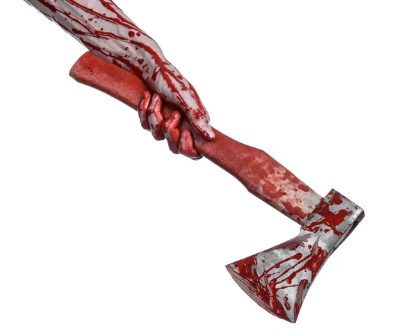 Bloody Halloween theme: bloody hand holding a bloody butcher's ax isolated on white background in studio — Stock Photo, Image