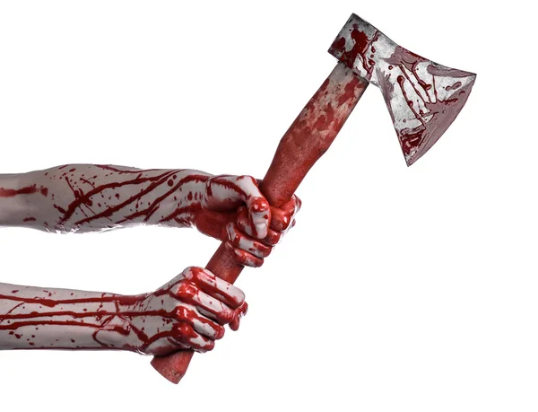 Bloody Halloween theme: bloody hand holding a bloody butcher's ax isolated on white background in studio — Stock Photo, Image