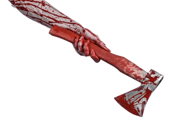 Bloody Halloween theme: bloody hand holding a bloody butcher's ax isolated on white background in studio — Stock Photo, Image