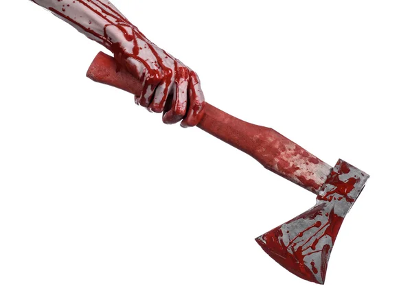 Bloody Halloween theme: bloody hand holding a bloody butcher's ax isolated on white background in studio — Stock Photo, Image