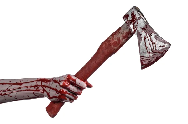 Bloody Halloween theme: bloody hand holding a bloody butcher's ax isolated on white background in studio — Stock Photo, Image